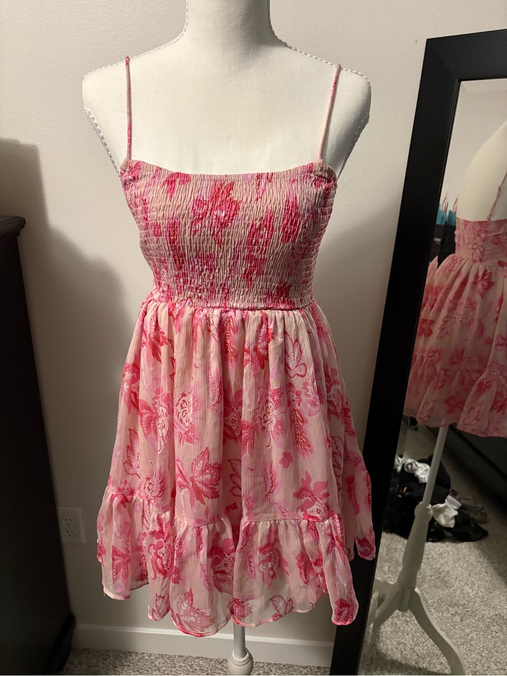 Smocked Pink Floral Mini Dress with Spaghetti Straps